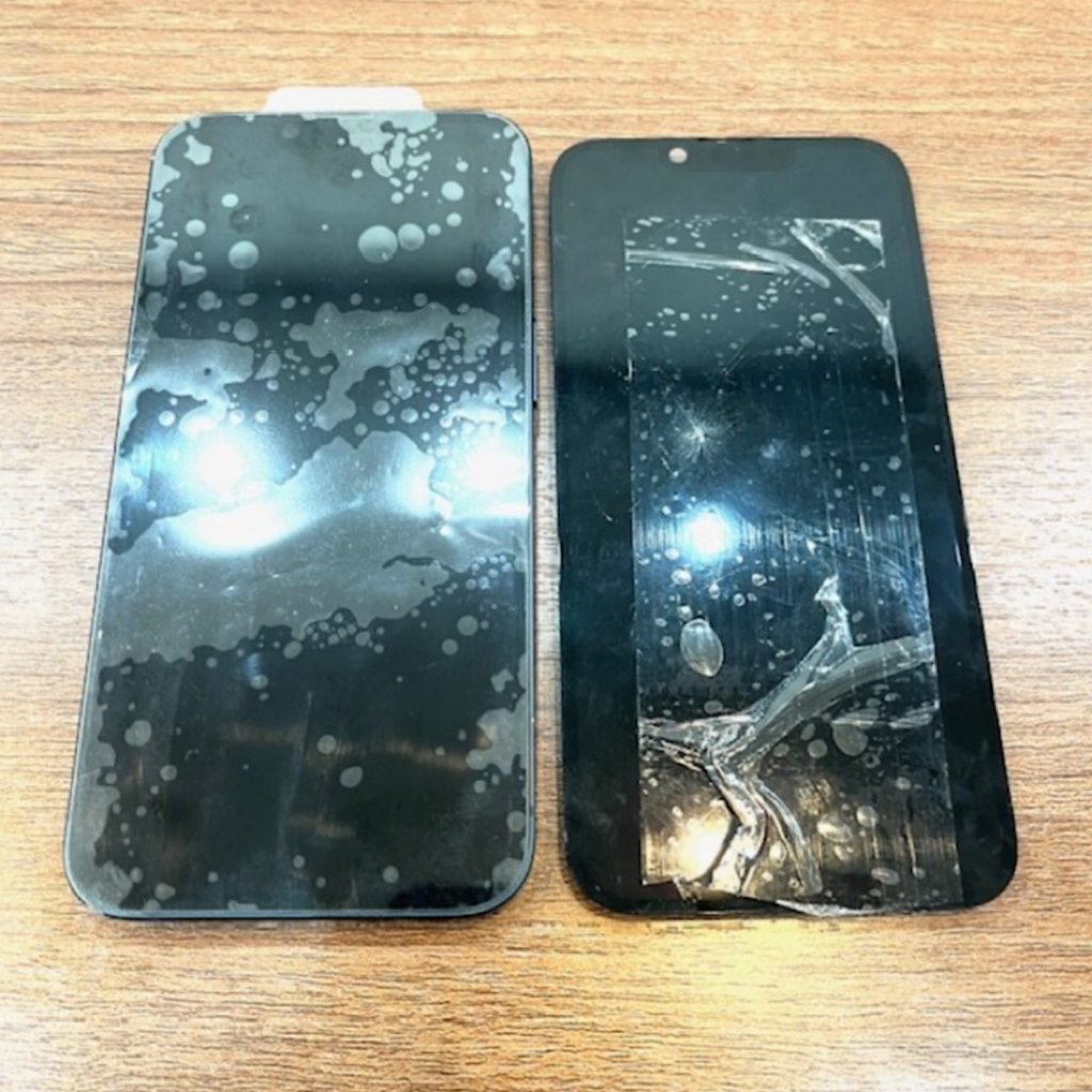 iPhone14 踏まれて液漏れ 液晶交換| 狭山市北入曽| 飛び込み修理も対応しております！